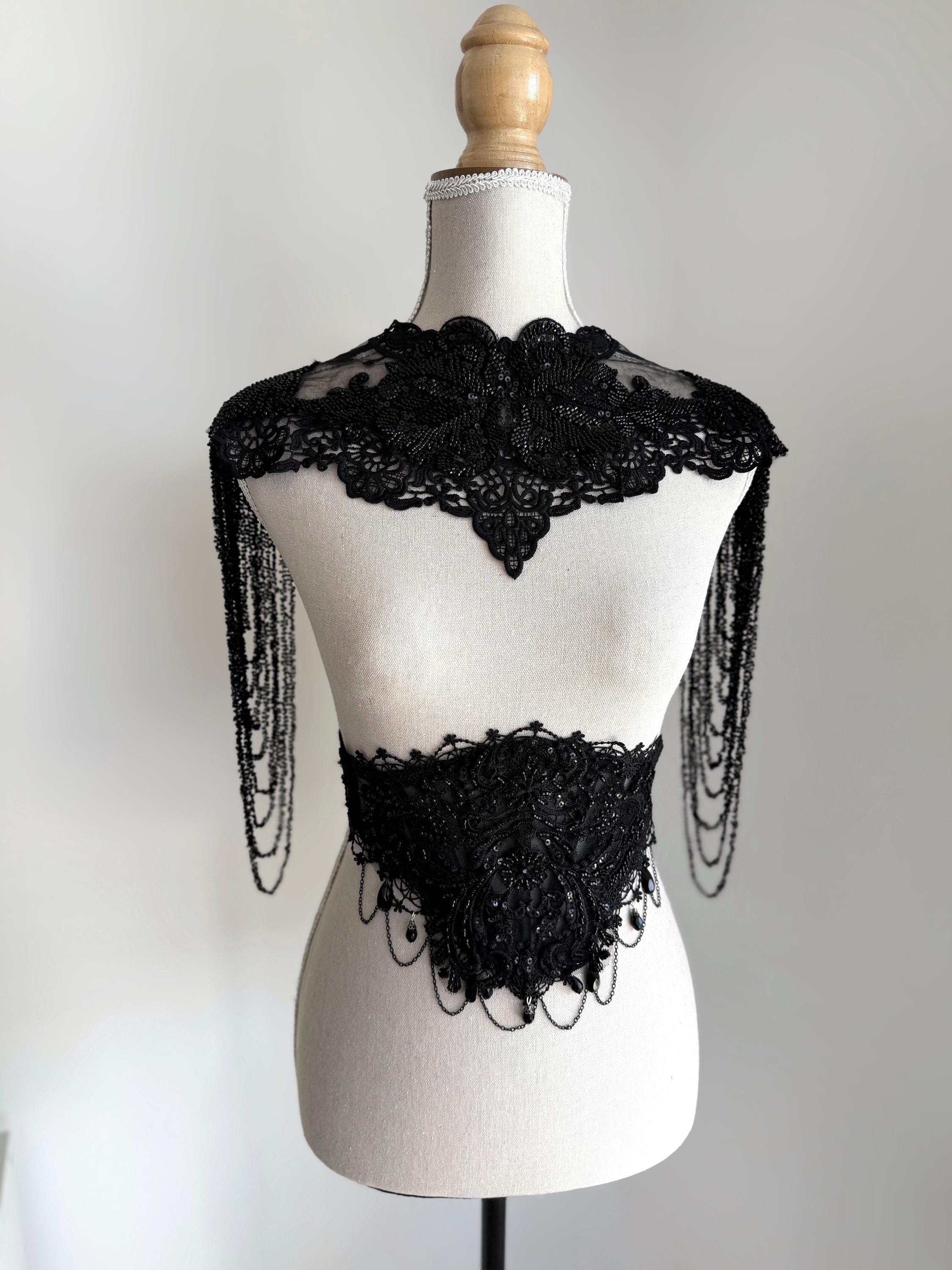 Gothic Black Lace Beaded Shoulder Bolero, Victorian Bridal Body…