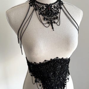 Black lace choker moon, Shoulder Chains Necklace, Gothic wedding, Evil Queen costume, Vampire Witch cosplay, Victorian Bridal Body Jewelry, black lace corset belt gothic romantic style, Alternative wedding belt