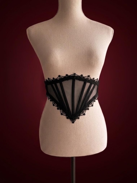 Mesh corset belt, Black lace waist underbust corset, Gothic cross bridal corset top, Renaissance wedding corset, Witchy accessories gift
