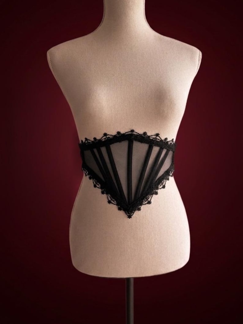 Mesh corset belt, Black lace waist underbust corset, Gothic cross bridal corset top, Renaissance wedding corset, Witchy accessories gift