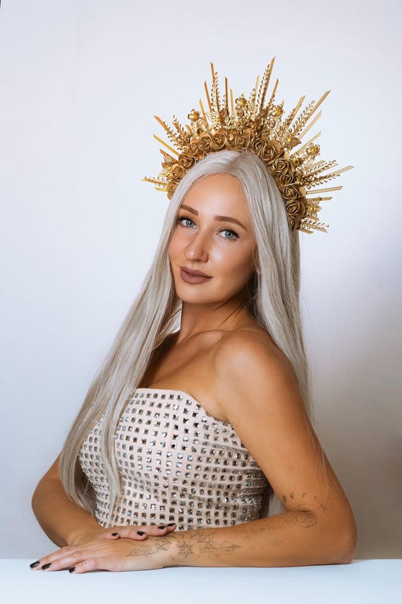 Gold halo crown, Halo headpiece, Bridal crown, Flower crown, Headdress Fairy Pink Fairy Crown , Pink Floral Halo Headpiece, Wing Fairy  main image 3
