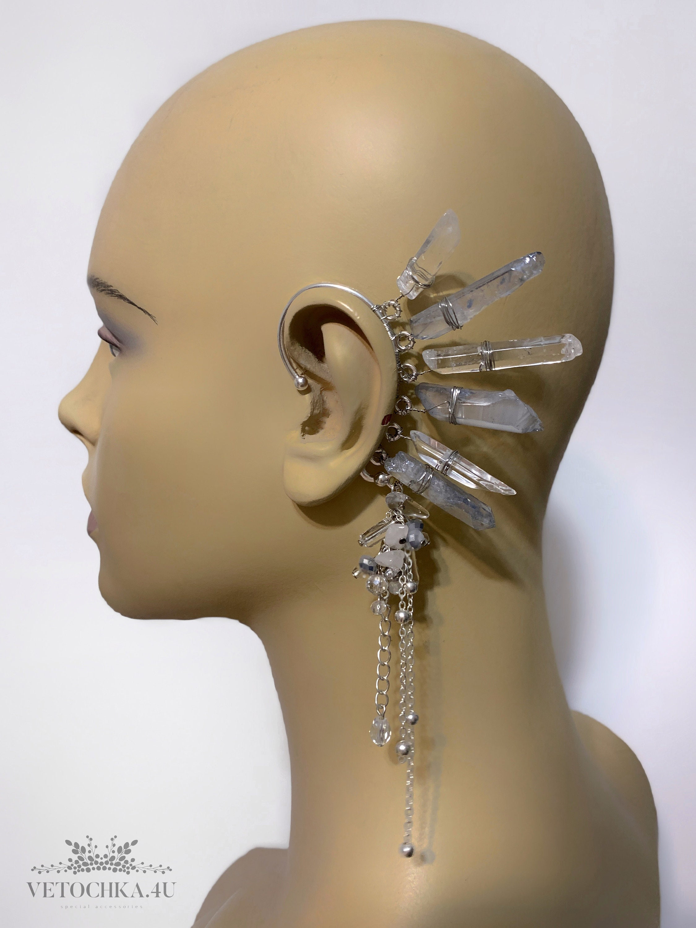 Raw Quartz Crystal Ear Cuff With Chain Sky Blue Earrings Etsy