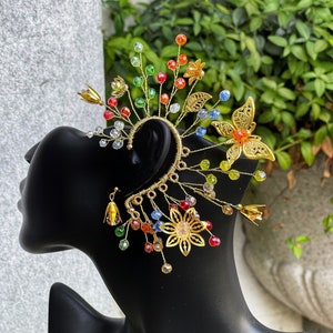 Rainbow ear cuff colorful, Flower elven ear cuff gold, Bridal Butterfly Ear Cuff no piercing, Fairy earrings red, blue, Dragon ear cuff