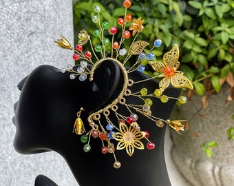 Rainbow ear cuff colorful, Flower elven ear cuff gold, Bridal Butterfly Ear Cuff no piercing, Fairy earrings, Wedding ear cuffs Summer style