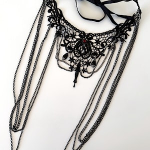 Black lace choker moon, Shoulder Chains Necklace, Gothic wedding, Evil Queen costume, Vampire Witch cosplay, Victorian Bridal Body Jewelry, black lace corset belt gothic romantic style, Alternative wedding belt