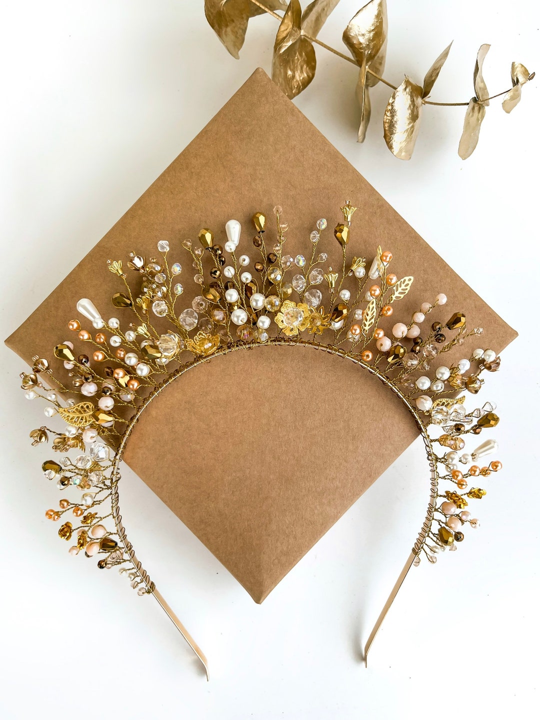 Bridal Gold Flower Crown, Fall Crown, Goddess Halo Crown, Wedding