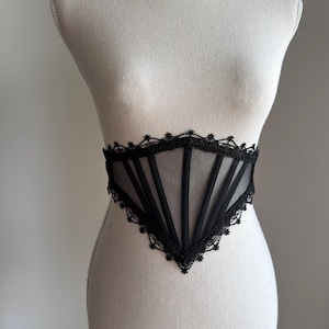 Mesh corset belt, Black lace waist underbust corset, Gothic cross bridal corset top, Renaissance wedding corset, Witchy accessories gift