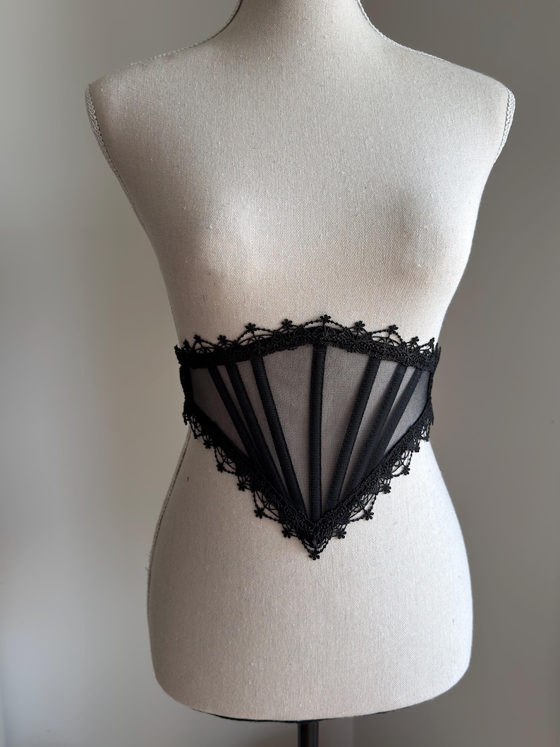 Mesh corset belt, Black lace waist underbust corset, Gothic cross bridal corset top, Renaissance wedding corset, Witchy accessories gift