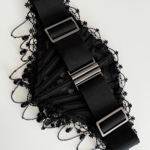 Black lace choker moon, Shoulder Chains Necklace, Gothic wedding, Evil Queen costume, Vampire Witch cosplay, Victorian Bridal Body Jewelry, black lace corset belt gothic romantic style, Alternative wedding belt
