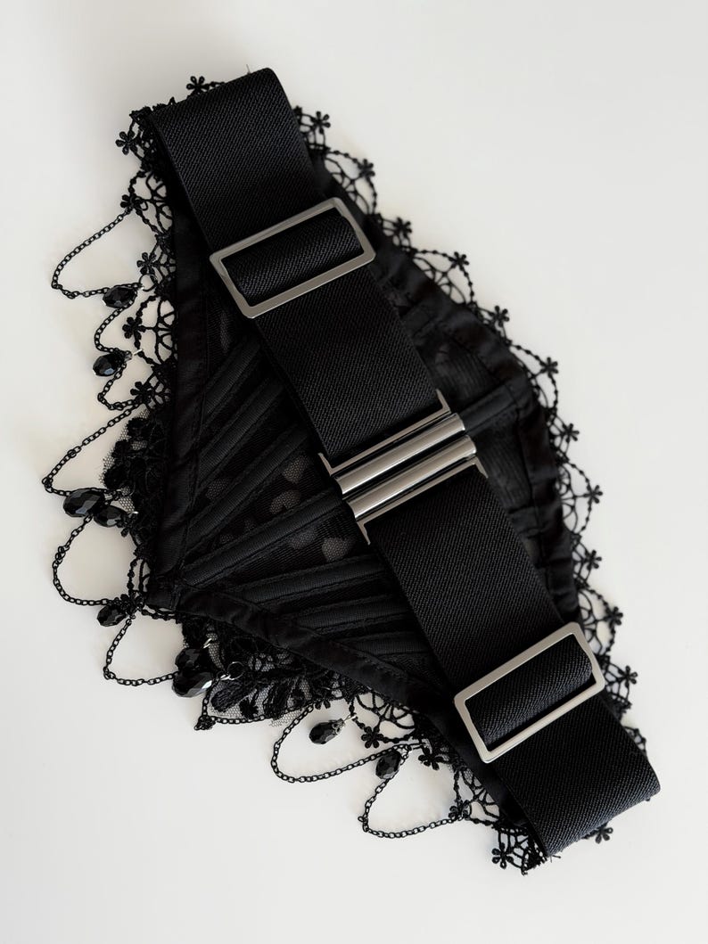 Black lace choker moon, Shoulder Chains Necklace, Gothic wedding, Evil Queen costume, Vampire Witch cosplay, Victorian Bridal Body Jewelry, black lace corset belt gothic romantic style, Alternative wedding belt