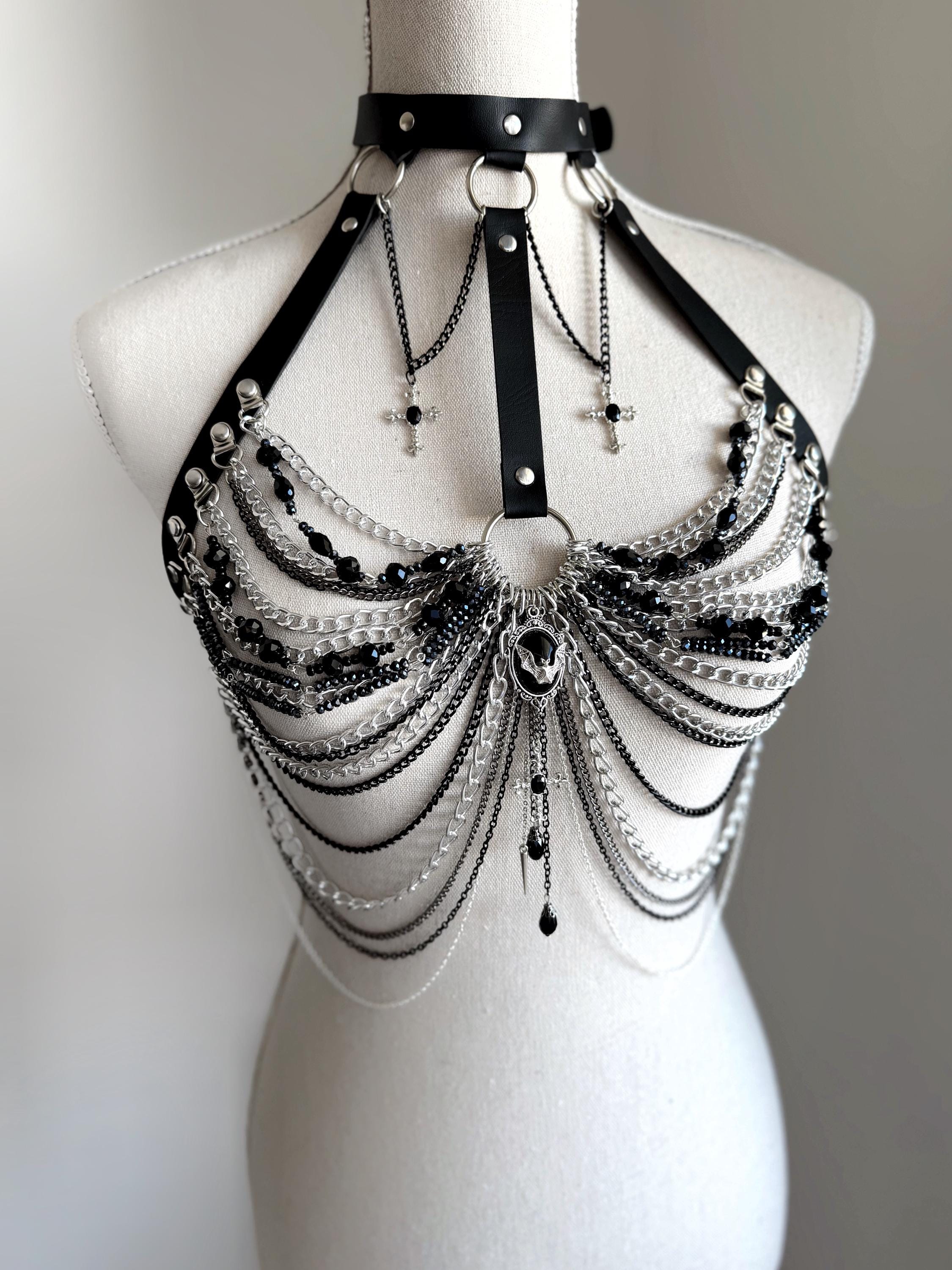 Black Faux Leather & Silver Chain Body Harness New Sydney Side Chain Harness – FOXBLOOD main image 2