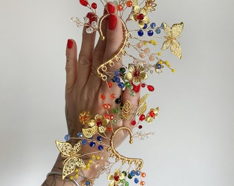 Flower ear cuff, Rainbow earrings, Elven ear cuffs Colorful ear cuff Bridal ear cuff Butterfly wrap cuffs Fairy ear cuffs Gold ear cuff