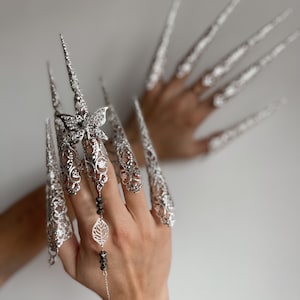 Silver finger claws, Armor rings, Fairy bracelet full finger, Sugar skull Nails Jewellery, Filigree Jewellery Butterfly, White Witch costume