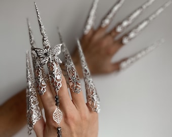 Silver finger claws, Armor rings, Fairy bracelet full finger, Sugar skull Nails Jewellery, Filigree Jewellery Butterfly, White Witch costume