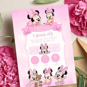 Invito di compleanno di Minnie Mouse, invito di compleanno modificabile per lei, invito digitale per feste, download stampabile di invito di compleanno di Minnie Mouse