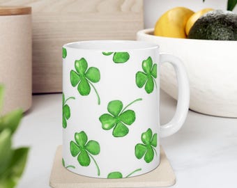 Graziosa tazza in ceramica da 11 o 15 once con quadrifoglio portafortuna per San Patrizio, regalo perfetto per gli amici, celebrazione irlandese