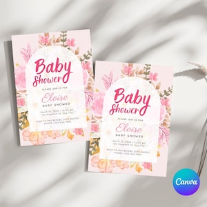 Invitación de baby shower con flores rosas, imprimible y personalizable, con acuarela, para la fiesta de la princesita.