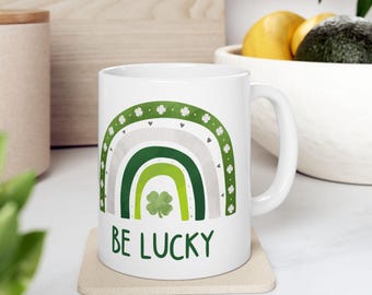 St. Patrick's Day Ceramic Mug | 4-Leaf Clover, Green Rainbow and Lucky Design | 11oz and 15oz | Irish Gift for St. Patty's Day Celebration