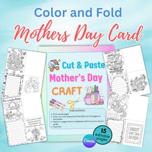 Tarjetas imprimibles para el Día de la Madre para colorear y doblar: tarjeta de felicitación DIY para niños: manualidad fácil para el hogar, la escuela o la escuela dominical.