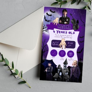 Miedchen Addams Geburtstagseinladung | Gruselige Gothic Party Einladen | Bearbeitbarer digitaler Download | Kindergeburtstag druckbar