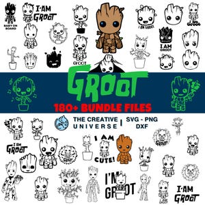 Può includere: Una collezione digitale di oltre 180 file grafici con varie illustrazioni a linee bianche e nere del personaggio Groot, incluse alcune versioni a colori, con elementi testuali come I AM GROOT, I AM CUTE e BABY ON BOARD.