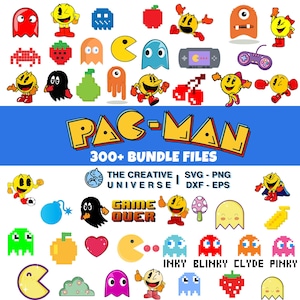 May include: A digital collection of Pac-Man themed graphic files featuring various pixelated characters, ghosts, fruits, and game elements. The central text reads PAC-MAN 300+ BUNDLE FILES, THE CREATIVE UNIVERSE, SVG - PNG, DXF - EPS, and GAME OVER.