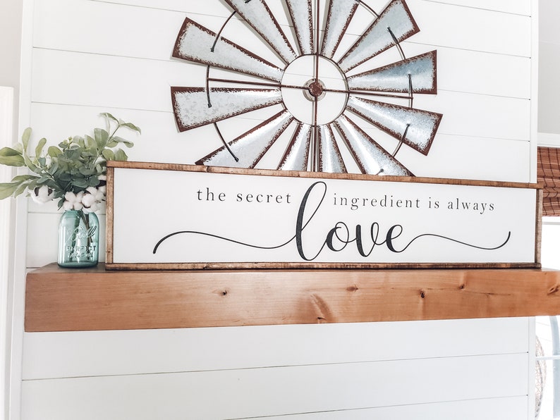 Kitchen Wall Art, The Secret Ingredient Is Always Love Sign, Dining Room Wall Decor, Framed Wood Sign, Housewarming Gift, Kitchen Sign 12x52 inches