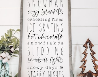 Winter Sign, Winter Favorites Sign, Winter Words List Sign, Wood Sign, Snowman Sign, Winter Decor, Christmas Home Decor, Farmhouse Sign,Gift