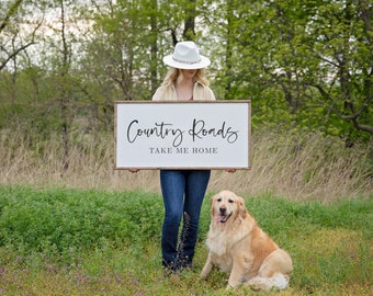 Country Roads Take Me Home Sign, Framed Wood Sign, Family Room Wall Decor, Housewarming Gift, Farmhouse Sign, Country Music Sign, Wall Art