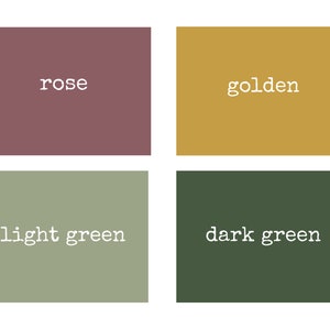K&ouml;nnte beinhalten: Vier Farbfelder: Rose, Gold, Hellgr&uuml;n und Dunkelgr&uuml;n. Jede Farbe wird in einem rechteckigen Block mit dem Farbnamen in wei&szlig;em Text angezeigt. Der Hintergrund ist wei&szlig;.