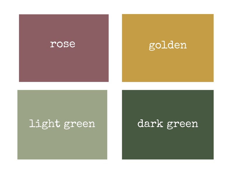 K&ouml;nnte beinhalten: Vier Farbfelder: Rose, Gold, Hellgr&uuml;n und Dunkelgr&uuml;n. Jede Farbe wird in einem rechteckigen Block mit dem Farbnamen in wei&szlig;em Text angezeigt. Der Hintergrund ist wei&szlig;.