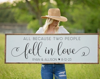 All Because Two People Fell in Love Sign, Personalized Wedding Gift Sign, Bridal Shower Gift, Family Room Wall Art, Anniversary Gift for Her