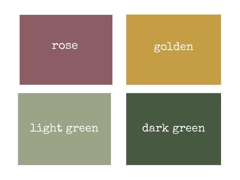 May include: Four color swatches: rose, golden, light green, and dark green. Each color is displayed in a rectangular block with the color name in white text. The background is white.