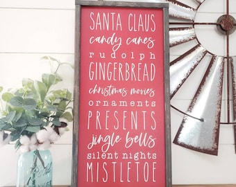Letrero navideño, Letrero de favoritos navideños, Letrero con lista de palabras navideñas, Letrero de madera, Letrero de Papá Noel, Decoración de invierno, Decoración navideña para el hogar, Estilo rústico