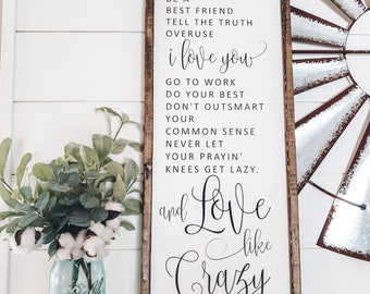 Love Like Crazy Sign, Framed Wood Sign, Bedroom Wall Art, Wedding Gift, Family Room Decor, Wedding Song, Be a Best Friend, Anniversary Gift