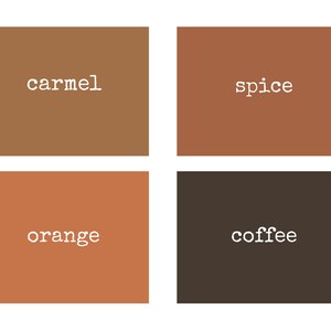 May include: Four color swatches: caramel, spice, orange, and coffee. Each color is displayed in a square with the color name in white, sans-serif font. The background is white.