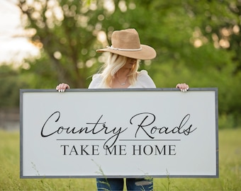 Country Roads Take Me Home Sign, Framed Wood Sign, Family Room Wall Decor, Housewarming Gift, Farmhouse Sign, Country Music Sign, Wall Art