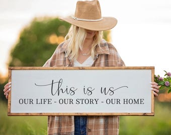 This is Us Sign, Our Life Our Story Our Home, Framed Wood Sign, Farmhouse Decor, Wedding Gift, Anniversary Gift, Housewarming Gift for Her