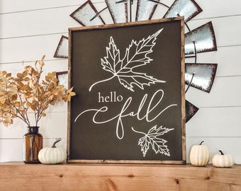 Hello Fall Sign, Wood Sign, Fall Sign, Hello Fall, Fall Decor, Autumn Decor, Housewarming Gift, Gift for Her, Farmhouse Decor, Framed Sign