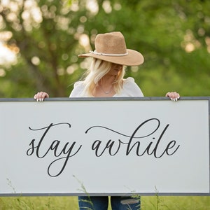 Stay Awhile Wood Sign, Entryway Sign, Living Room Wall Decor, Housewarming Gift, Wall Art, Framed Wood Sign, Farmhouse Style Boho Decor,Home