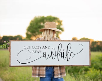 Get Cozy And Stay Awhile Sign, Living Room Wall Decor, Housewarming Gift, Family Room Wall Art, Framed Wood Sign, Farmhouse Style Boho Decor