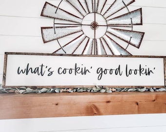 Kitchen Sign, Kitchen Decor, Farmhouse Wood Sign, What's Cookin Good Lookin Sign, Kitchen Wall Decor, Wall Art, Housewarming Gift for Her