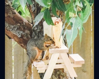 Squirrel Picnic Table, Squirrel Feeder, Mini Picnic Table, Corn Cob, Wood Feeder, Bird Feeder, Chipmunks, Wildlife, Backyard Decor