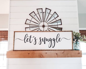 Let's Snuggle Sign, Above Bed Wall Decor, Master Bedroom Wall Art, Framed Wood Sign, Wedding Gift, Gifts for Her, Bridal Shower Gift, Gifts