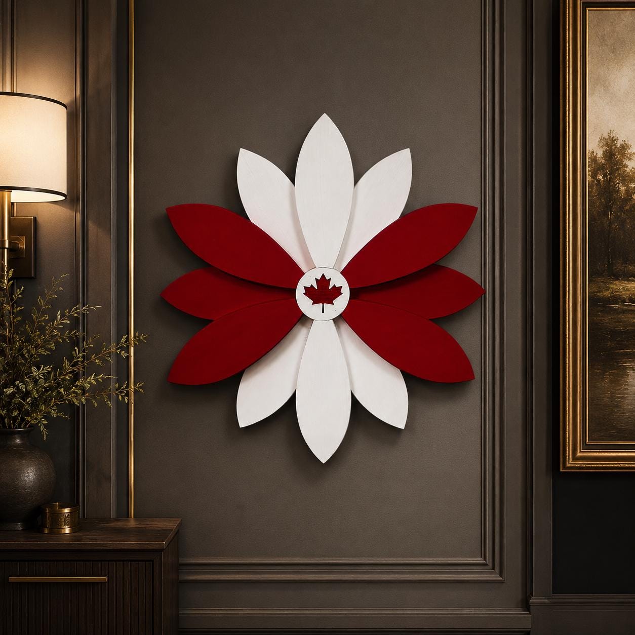 Handcrafted Canadian Red White Wooden Flower Door Hanger, 24