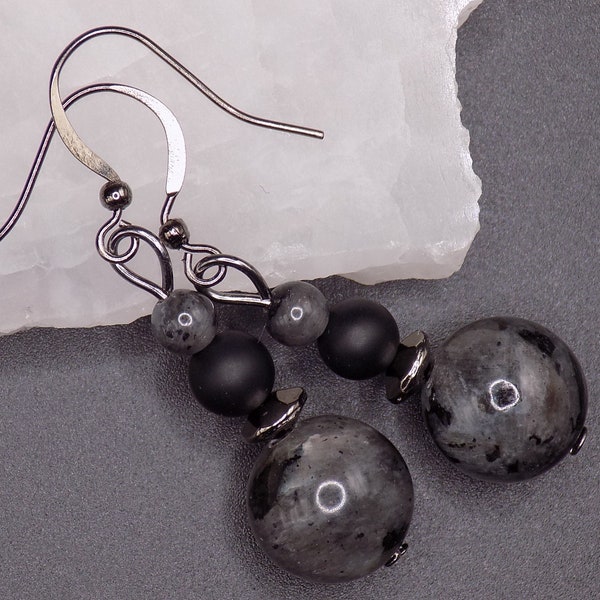 Larvikite and Frosted Black Onyx Earrings with French or Lever back Hooks, Natural Gemstone Earrings with Gunmetal Black Trim