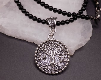 4mm Black Onyx Gemstone Bead Necklace, Ancient Tree Pendant Necklace, Black Bead Tree of Life Necklace, Antique Silver Pendant Necklace