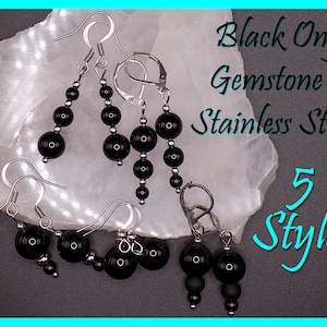 Black Onyx and Stainless Steel Earrings with French, Lever back, or Clip on Hooks, Black Natural Stone Agate Gemstone and Silver Earrings