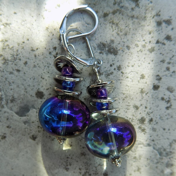 Peekaboo Earrings! Purple, Blue, Aurora Rainbow Glass and Antique Silver, with French, Lever back, or Clip on Hooks