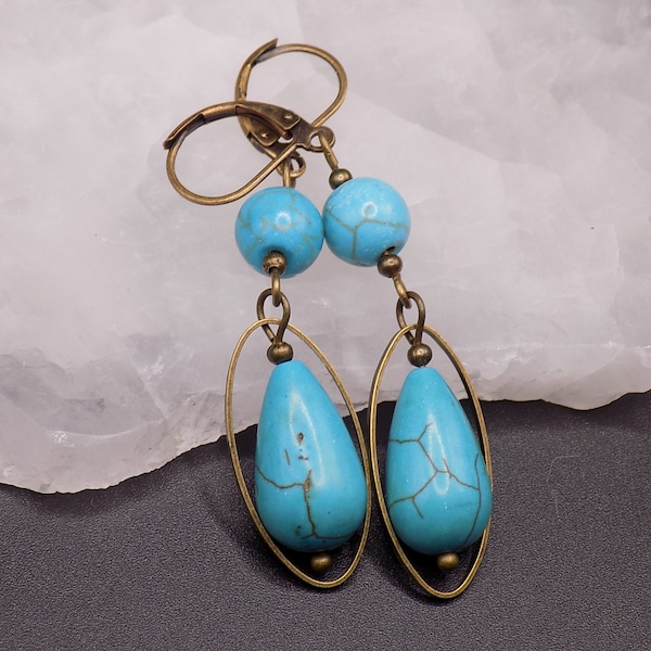 Turquoise and Antique Bronze Oval Hoop Dangle Earrings with French, Lever back, Clip-on or Kidney Wire Hooks, Teardrop Turquoise Earrings